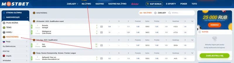 Linia zakładów na żywo na koszykówkę w polskim Mostbet
